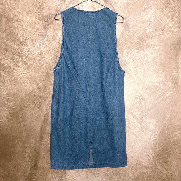 Vintage 90s Jennifer Morgan Denim Dress Sleeveless Deep V Neck Midi Shift School - Picture 2 of 8